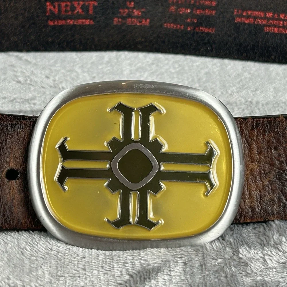 NEXT Brown Leather‎ Belt Oval Cross Silver Tone Medium 32-35